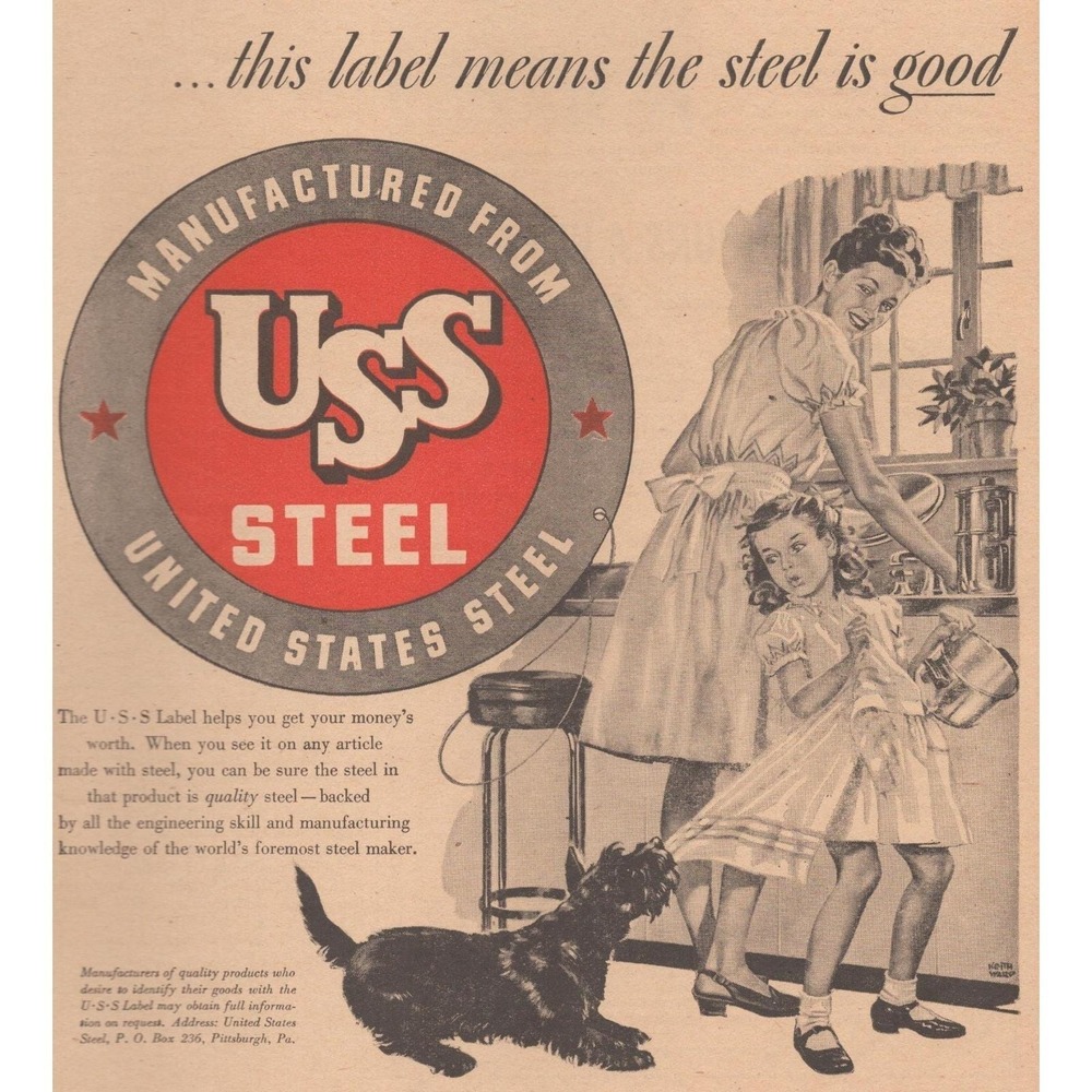 1946 United States Steel Vintage Print Ad Mother Daughter Scottish Terrier